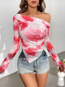 Firerie 女士不对称下摆单肩春夏 T 恤 - 玫紅色 - 查看 4