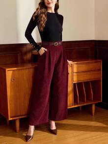 Vintamour 女士复古经典优雅灯芯绒长裤，收腰设计，配有腰带和口袋，棕色，秋冬款 - 酒紅色 - 查看 7