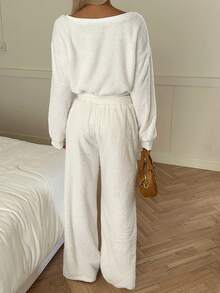 SHEIN EZwear Women's Casual Fluffy Outfit Cream Two Piece Set Comfortable Two Piece Set - White - View 2