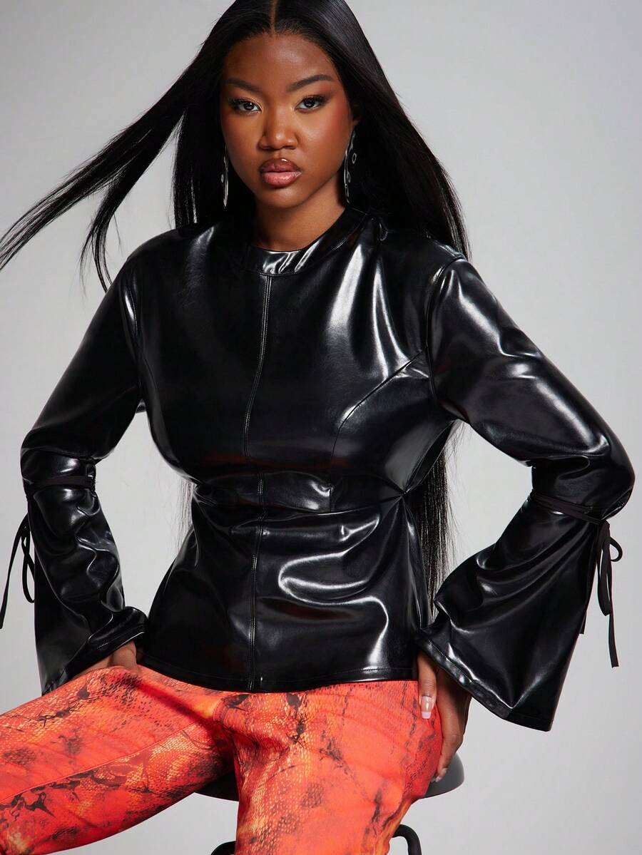NYA SZN Black Faux Leather Jacket For Women,Autumn Boyish Club Streetwear,Long Flare Sleeve Cinch Waist Zip Up Top,Vintage 90s Y2K Gyaru Holiday Festival - Black - View 1