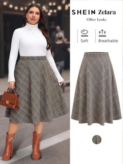 SHEIN LUNE 大码格子极简半身裙，休闲日常穿搭，适合2025秋冬季节、新年和感恩节。