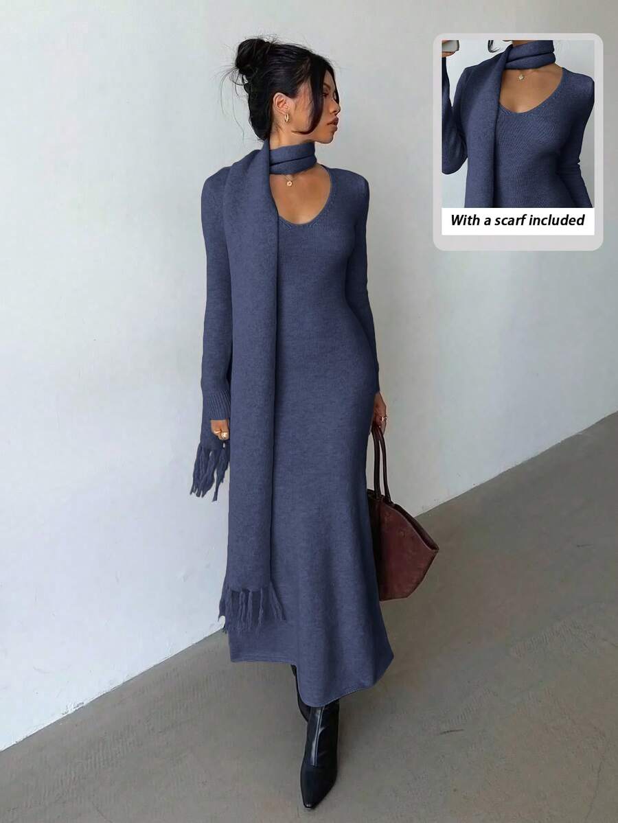 Elenzga Vestido de malha elegante, leve, com decote em V, estilo vintage, simples e confortável, com cachecol de borla, adequado para deslocamentos e passeios no outono/inverno - Azul - Ver 1