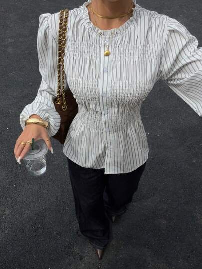 Siren Gaze Casual Striped Waist Cinched Design Long Sleeve Women Blouse, Striped Blouse, Lantern Sleeve Blouse, Women Blouses Elegant, Puff Sleeve Blouse, Elastic Shirt,Suitable For Commuting,Button-Down Shirt, Business Casual Woman Blouse, Casual Work Tops,Suitable For Work, Commute And Vacation, Spring/Autumn,French Style Holiday Resort