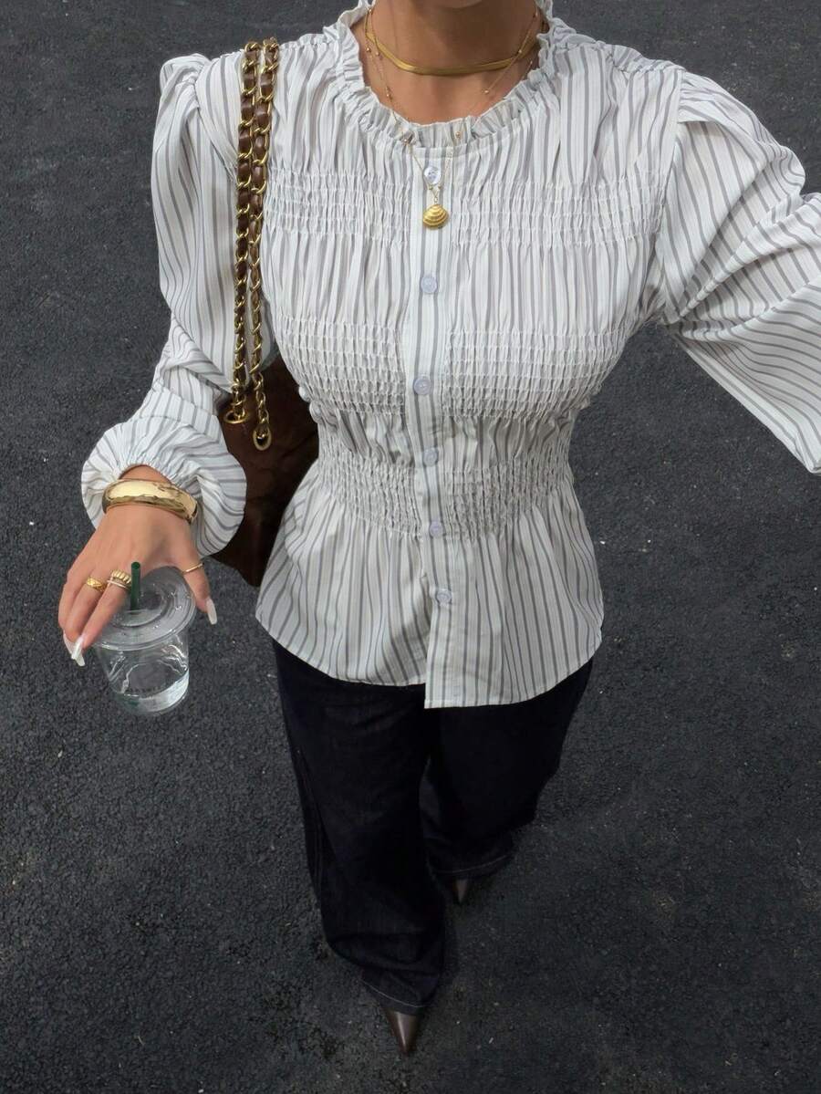 Siren Gaze Casual Striped Waist Cinched Design Long Sleeve Women Blouse, Striped Blouse, Lantern Sleeve Blouse, Women Blouses Elegant, Puff Sleeve Blouse, Elastic Shirt,Suitable For Commuting,Button-Down Shirt, Business Casual Woman Blouse, Casual Work Tops,Suitable For Work, Commute And Vacation, Spring/Autumn,French Style Holiday Resort - Black and White - View 1