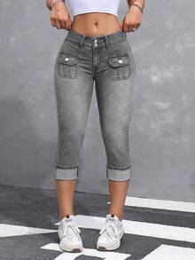 SHEIN ICON 女士休闲水洗低腰修身牛仔裤 - 淺灰色 - 查看 5