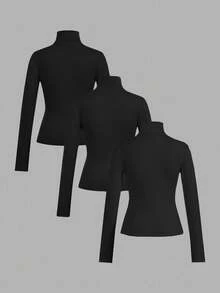 SHEIN EZwear 3件套女士黑色高领长袖紧身休闲T恤套装，适合秋冬季穿着 - 彩色 - 查看 2
