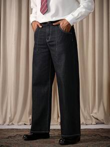 RivetRise Men's Black Casual Loose Fit Pocketed Baggy Wide Leg  Two Tone Jeans For Boyfriend - Dark Wash - View 4