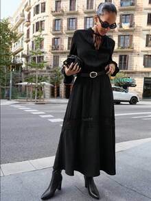 Maija 女士纯色系带领休闲长袖连衣裙 - 黑色 - 查看 1