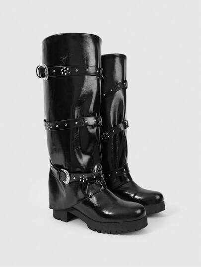 Women's Glossy Buckle Design Fashion Chunky Heel Knee-High Boots