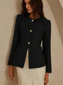 EMERY ROSE Round Neck Herringbone Metal Button Decor Hem Patchwork Office Blazer - Black - View 5