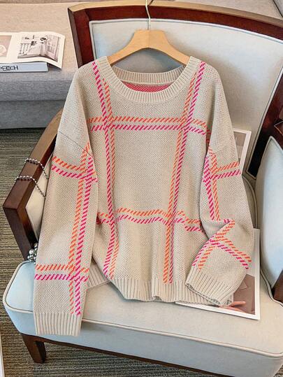 GlowEve CURVE Plus Size Casual Geometric Pattern Crew Neck Drop Shoulder Long Sleeve Pullover Sweater