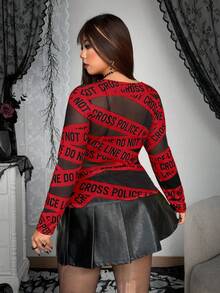 Whyspr Plus Size Asymmetrical Striped Sheer Punk T-Shirt Fall - Red - View 2