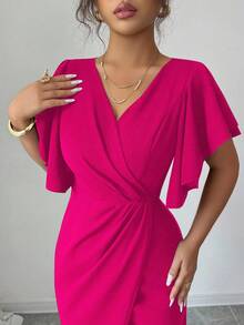 Elenzga 女式荷叶边袖 V 领束腰紧身开衩鱼尾下摆优雅浪漫连衣裙 - 玫紅色 - 查看 7