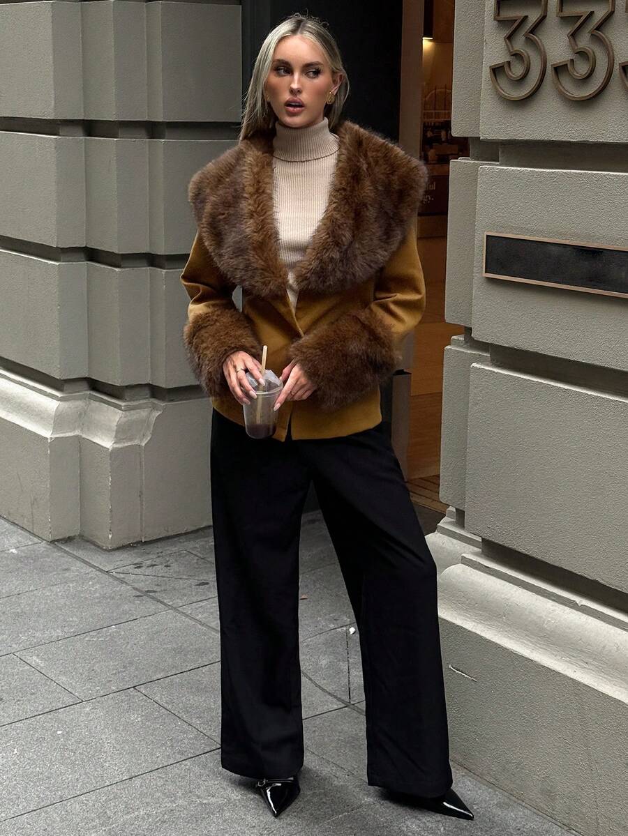 Aloruh Women's Autumn/Winter New Gangster Wife Style Sexy Open Front Button Closure Long Faux Fur Collar Leopard Print Patchwork Long Cinched Waist Sleeve Faux Fur Coat Brown - Multicolor - View 1