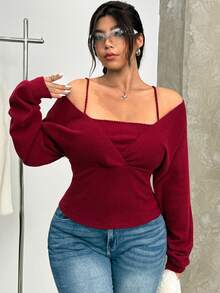 GalTyme Plus Size Christmas Burgundy Top,Autumn Smart Casual Off Shoulder Ribbed Sweater,Night Out Club Chic Elegant Red Warm Comfortable T-Shirt For Women - Red - View 5