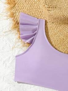 SHEIN 适合青少年女孩的三件套泳衣套装：随机印花泳衣，纯色不对称荷叶边泳衣 + 花卉印花罩衫和迷你裙，女士夏季服装两件套青少年女孩裙装套装青少年 - 紫色 - 查看 5