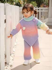 SHEIN Baby Girl, Casual And Cute, Colorful And Flower-Decorated Knitted High-Neck Sweater + Knitted Wide-Leg Pants Two Pieces Set Baby Knitwear Baby Girl Knitted Outfits Rainbow Warm Clothes Baby Girl Baby Girl Sweaters Set Knit Two Piece Toddler Autumn And Winter Two Piece Suit
