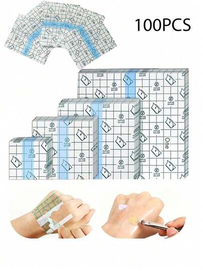 10/50/100片装防水透明美容膜绷带，薄型粘性敷料膜，适用于淋浴、游泳、防护和纹身护理，也适用于化妆品混合。