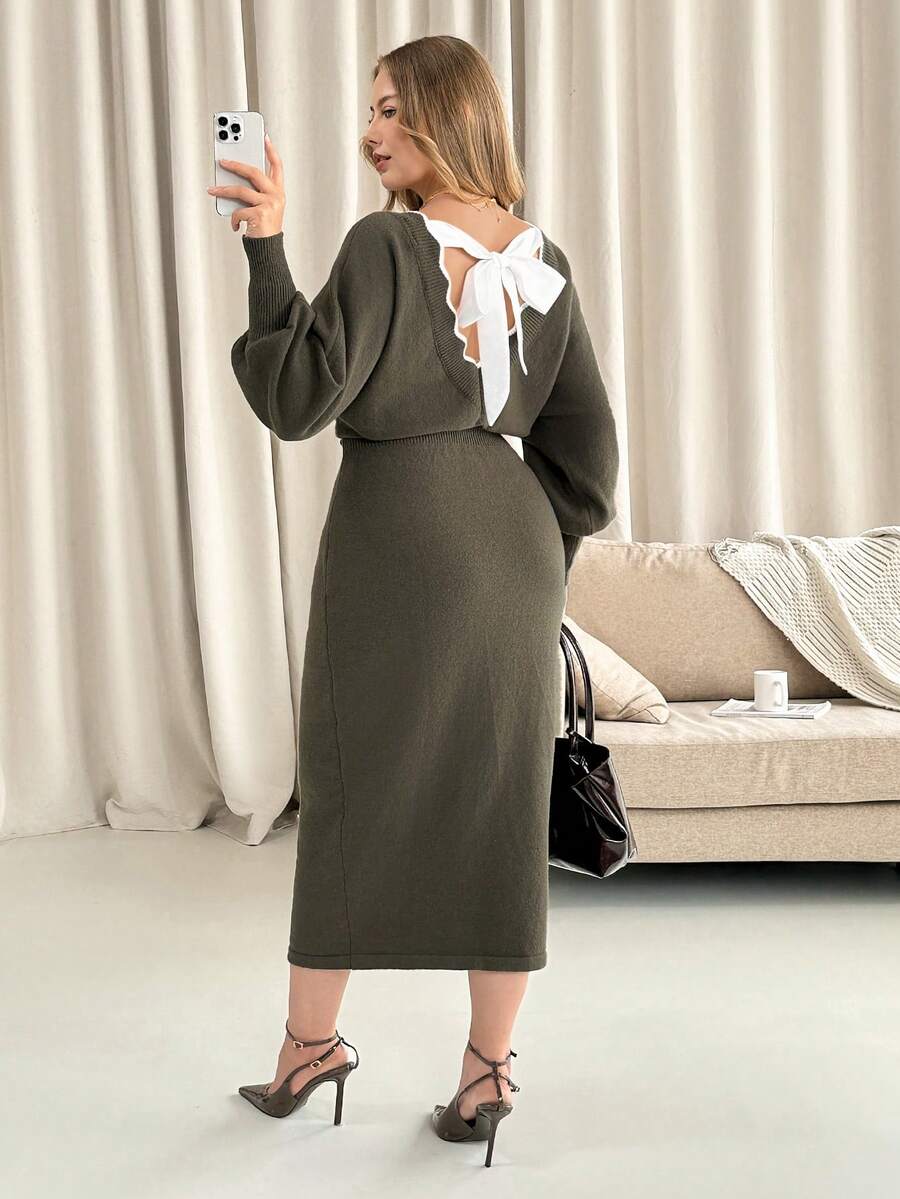 Vionelle 大码女式优雅灯笼袖系腰蝴蝶结针织毛衣连衣裙,休闲百搭,适合工作和日常穿着 - 軍綠色 - 查看 1