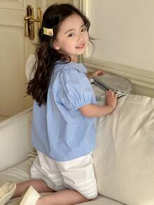 Dazy Kids Conjunto de 2 piezas para niñas con blusa de manga abullonada y shorts de unicolor, atuendo de verano para niñas - Azul - Ver 5