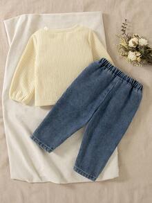 SHEIN 2 件套女婴秋冬休闲风格套装，蝴蝶结装饰，长袖上衣和长牛仔裤 - 杏色 - 查看 2