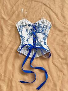 Soleia 女式复古花卉撞色短款上衣，复古紧身胸衣上衣，适合派对、波西米亚风、波西米亚风、度假、秋季 - 藍白色 - 查看 2