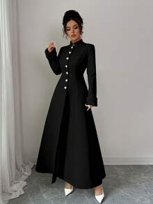 Elenzga 新款女士立领长袖仿兔毛袖口拼接双面羊毛面料开襟A字腰身休闲日常百搭年轻优雅女士羊毛长款外套，秋冬款 - 黑色 - 查看 6