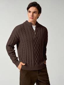 Manfinity Homme Jersey de cuello redondo de manga larga con hombros caídos y patrón de cable casual para hombre, otoño/invierno - Marrón - Ver 3