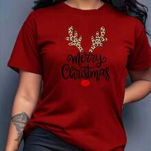 1 unidad Camiseta estampada casual, cuello redondo, manga corta,% algodón, holgada para mujer, estampada de verano con absorción de humedad, para uso diario. - Rojo - Ver 3