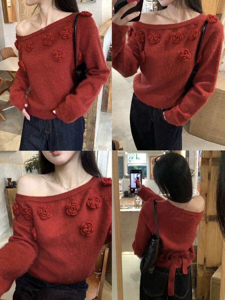 DAZY 女士3D立体花卉装饰毛衣，秋冬款 - 酒紅色 - 查看 1