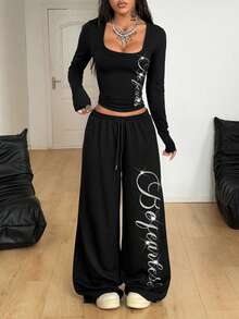 Coolane 两件套：黑色针织印花长袖上衣和抽绳裤 - 黑色 - 查看 2