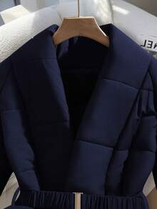 GlowEve Women's Coffee Brown Waist Belt With Metal Buckle Design, Cinched Waist, Elegant Puffer Jacket - Navy Blue - View 5