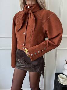 Siren Gaze Women's Autumn Fashionable Commuter Tie Collar Jacket Crop Top Jacket Brown Blouse Rust Brown Top Cropped Jacket Cropped Blouse,Winter Clothes For Women,Women's Winter Jacket ,Women's Winter Coat Winter Jacket For Women Casual Spring - Mocha Brown - View 2