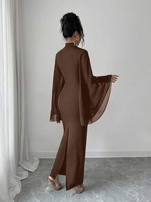 Rafferiza 女士优雅修身串珠泡泡袖派对连衣裙，秋冬款 - 棕色 - 查看 2