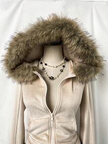 SHEIN Unity Casual Zip-Up Long Sleeve Fuzzy Ball Decor Sweatshirt For Women, Apricot Color - Apricot - View 4