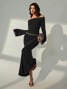 Lyxana Long Flare Sleeve Off Shoulder Contrast Lace Elegant Casual Vacation Dress For Women, Autumn/Winter - Black - View 3