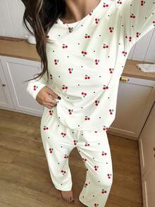 Vintage Sweet Mini Cherry Heart Print, Ballerina Style, Teen Girl Autumn/Winter Round Neck Raglan Long Sleeve T-Shirt And Loose Pants Casual Pajama Set, 2pcs, Suitable For Christmas Loungewear - Multicolor - View 3