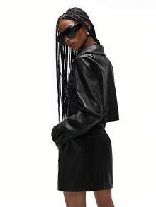 Aveloria Affinna 两件套黑色PU皮革朋克街头风服装，铆钉装饰，镂空设计，百搭机车夹克和迷你裙套装，女士款