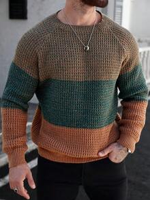Manfinity Homme Áo len dài tay cổ tròn tối giản màu tương phản dành cho nam, mặc thường ngày - Nhiều màu - Xem 3