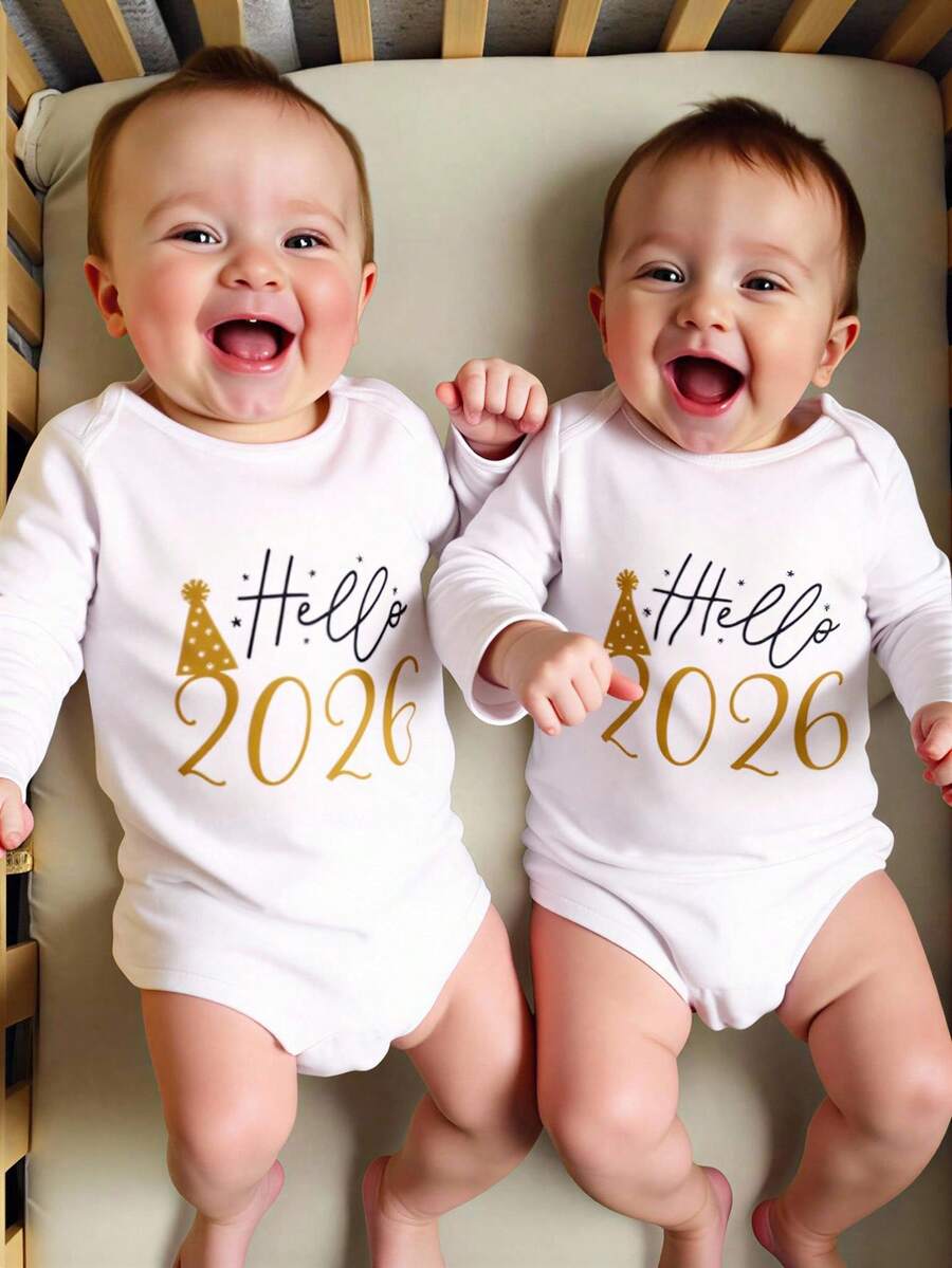 SHEIN Baby Boy Letter Print Round Neck Long Sleeve Casual Bodysuit