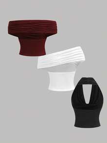 SHEIN Girlism Áo ba lỗ cổ xếp ly trơn màu cho bé gái tuổi teen, đen/trắng/đỏ, đa năng và thời trang - Nhiều màu - Xem 2