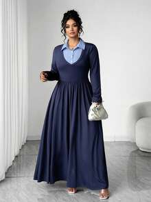 Elenzga 大码女士优雅经典蓝色条纹领拼接针织藏蓝色长袖连衣裙，适合通勤、旅行、聚会、办公室商务着装及其他多种场合。 - 藏蓝色 - 查看 6