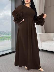 Modelyn 女士纯色圆领交叉设计拼接3D立体花卉袖口优雅阿拉伯连衣裙 - 咖啡棕 - 查看 3