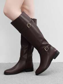 CUCCOO BIZCHIC Women's Buckle Design Fashion Daily Commute Chunky Heel Knee-High Boots For Christmas - Coffee Brown - View 2