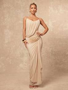 Lumalex 女士超长连衣裙，饰有褶皱网纱、垂褶细节和挂脖领口 - 杏色 - 查看 9