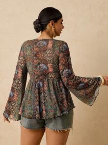 Travachic Plus Size Women Vintage Floral Print Long Sleeve Pullover Top/Winter - Multicolor - View 2