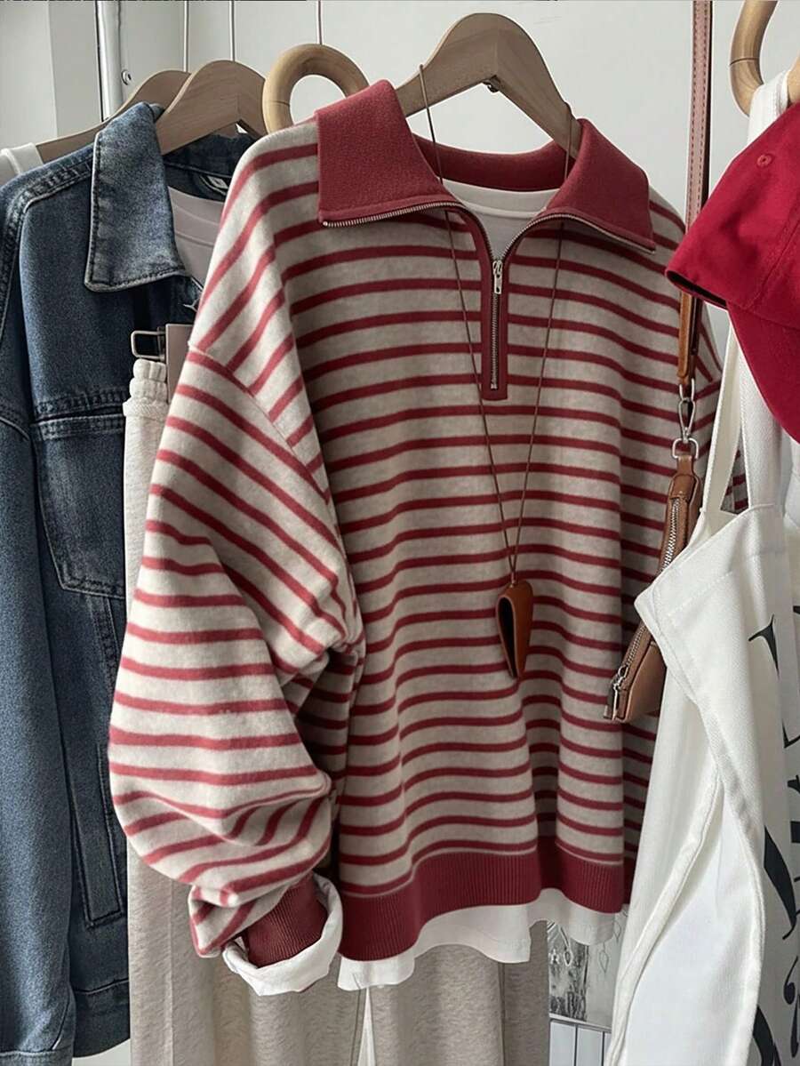 SHEIN Women's Casual Half-Zip Striped Colorblock Pattern Sweatshirt - Multicolor - View 1