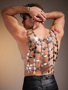 FeverCity Men's Sequin Sexy Hollow-Out Mesh Tank Top - Silver - View 2