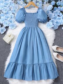 SHEIN Váy hè thường ngày tay bồng màu trơn cho bé gái tuổi teen thắt nơ - Màu xanh nhạt - Xem 2