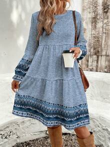 EMERY ROSE 休闲简约碎花图案宽松圆领大码连衣裙，适合秋冬季节穿着。 - 藍色 - 查看 3